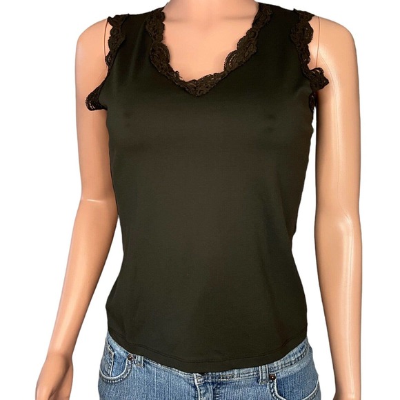 Ann Taylor Tank Top Womens Medium Brown Lace Trim Sleeveless V-Neck Stretch - Picture 1 of 5